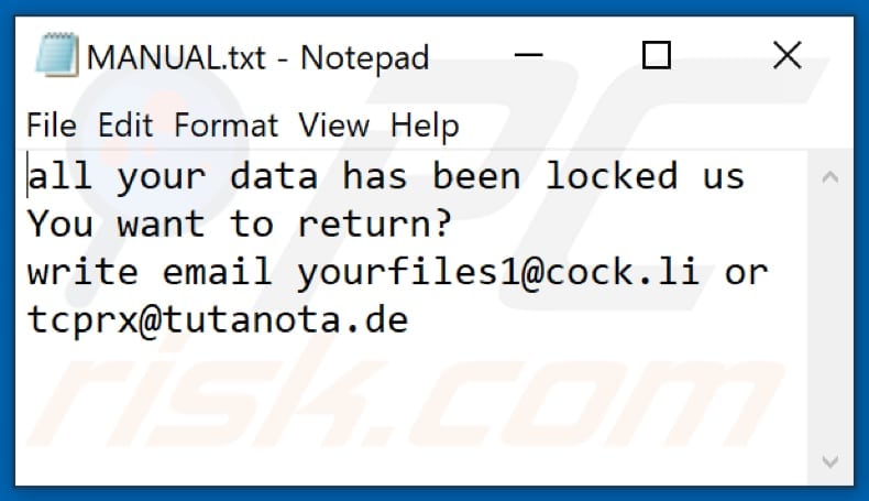 Archivo de texto del ransomware NOV (MANUAL.txt)