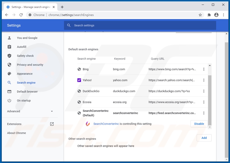 Eliminando searchconverterinc.com del motor de búsqueda predeterminado de Google Chrome