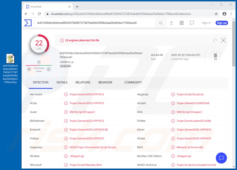 ViperSoftX detecciones de malware en VirusTotal
