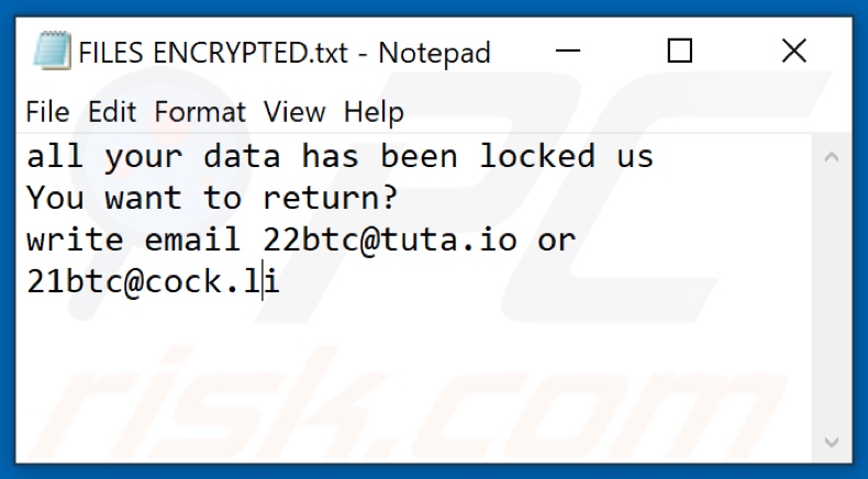 Nota de texto del ransomware 22btc (FILES ENCRYPTED.txt)