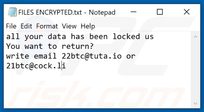 Nota de texto del ransomware 22btc (FILES ENCRYPTED.txt)