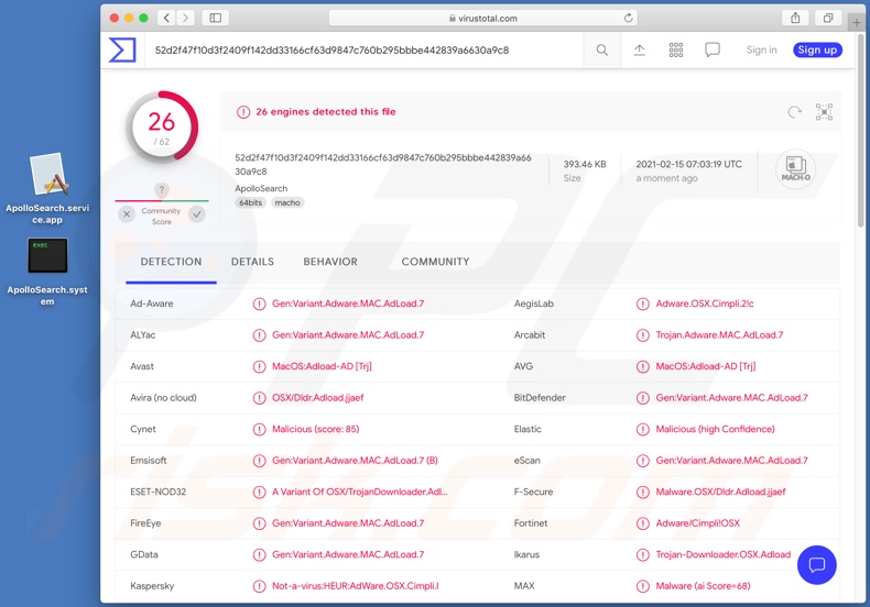 Detecciones de adware ApolloSearch en VirusTotal