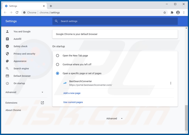 Eliminando bestsearchconverter.com de la página de inicio de Google Chrome
