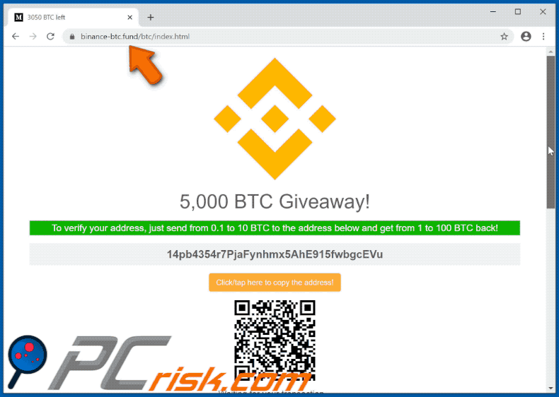 Segunda variante del sitio web que ofrece bitcoins con el sorteo estafador de Binance