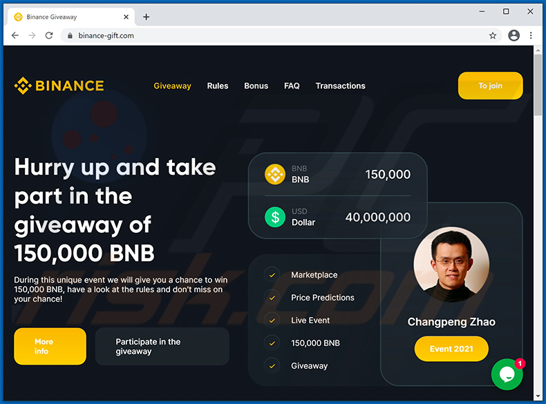 Sorteo estafa de Bitcoin de Binance