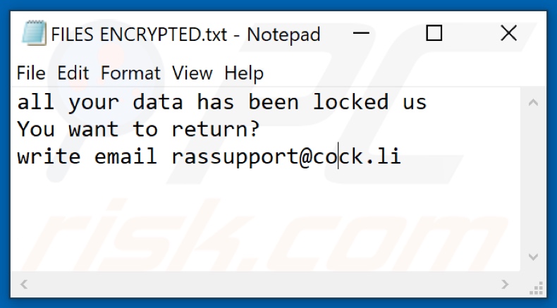 Archivo de texto del ransomware Bk (FILES ENCRYPTED.txt)