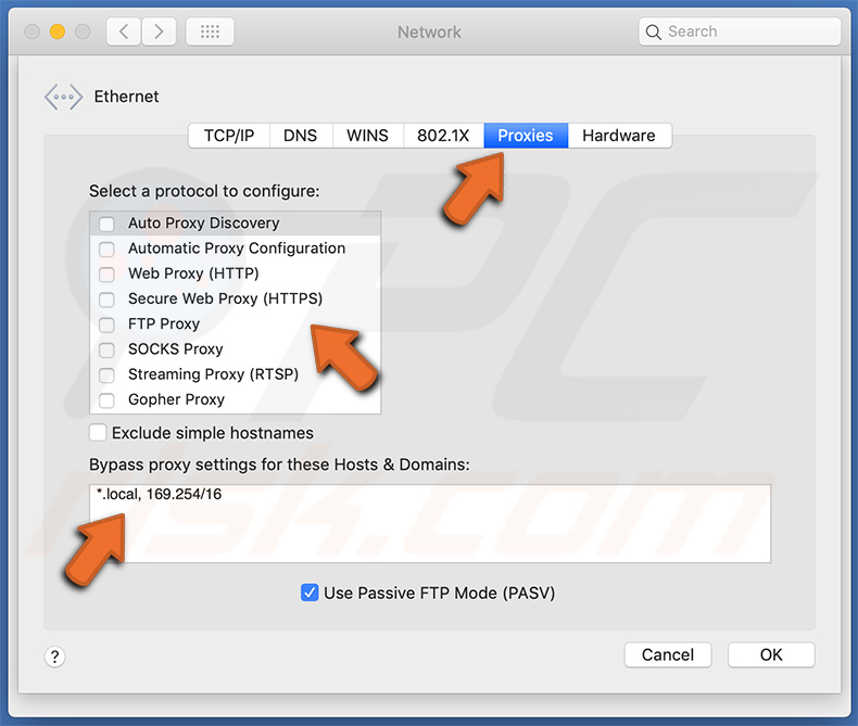 Cambiar la configuración del proxy: desmarque todas las opciones y establezca sus configuraciones por defecto