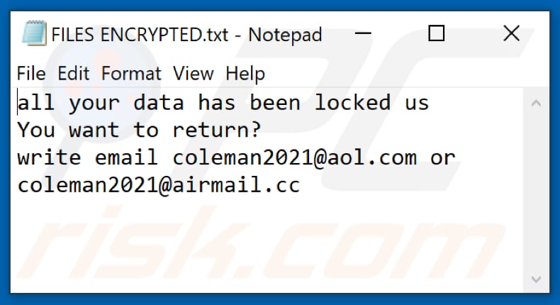 Archivo de texto del ransomware Clman (FILES ENCRYPTED.txt)