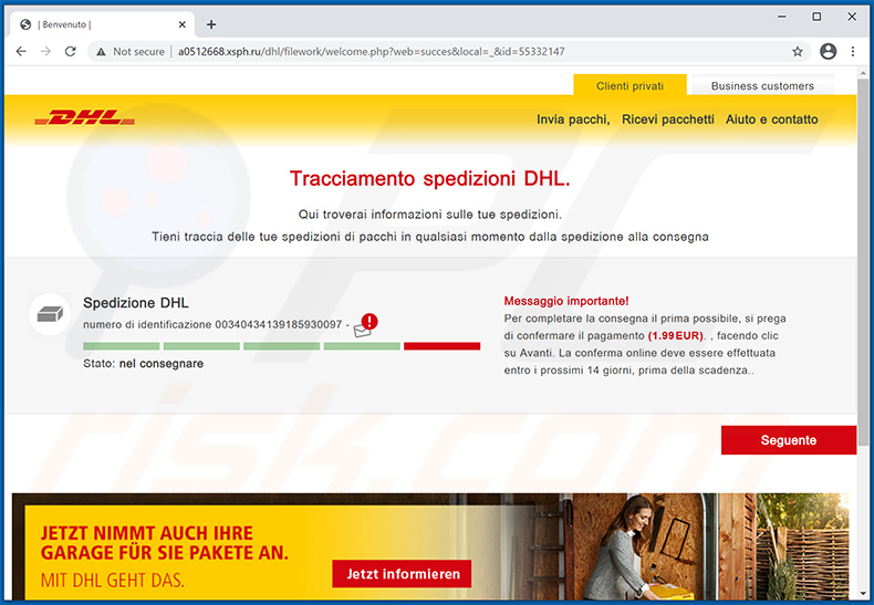 Sitio web falso de DHL promocionado a través de la variante en italiano del email no deseado 