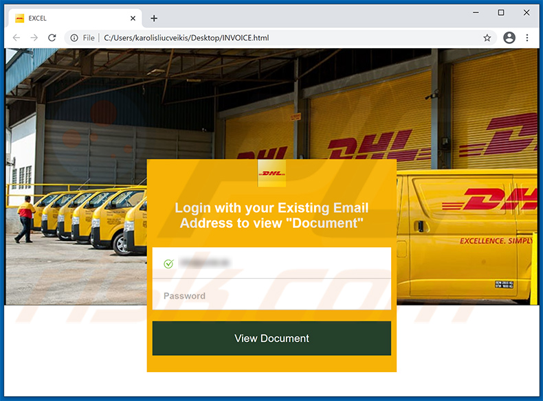 Archivo HTML que imita el sitio de inicio de sesión de DHL utilizado con fines de phishing
