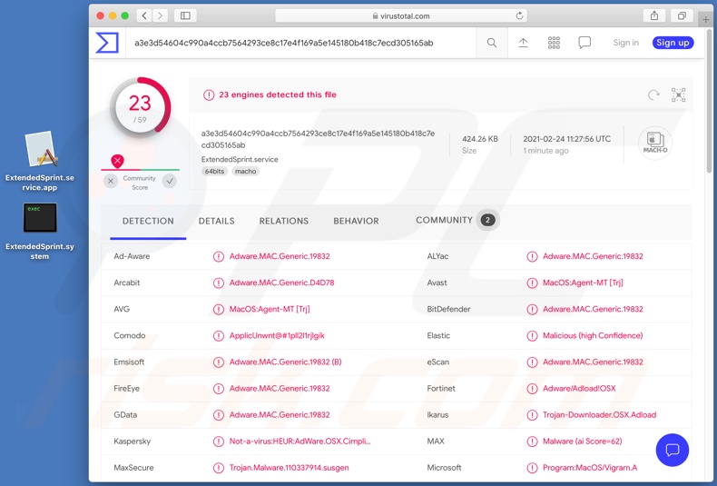 Detecciones del adware ExtendedSprint en VirusTotal