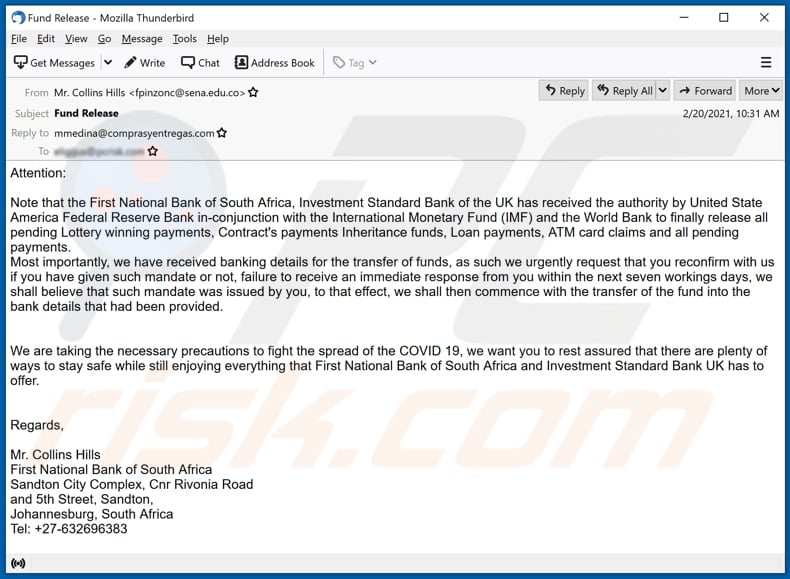 Fund Release estafa por correo electrónico