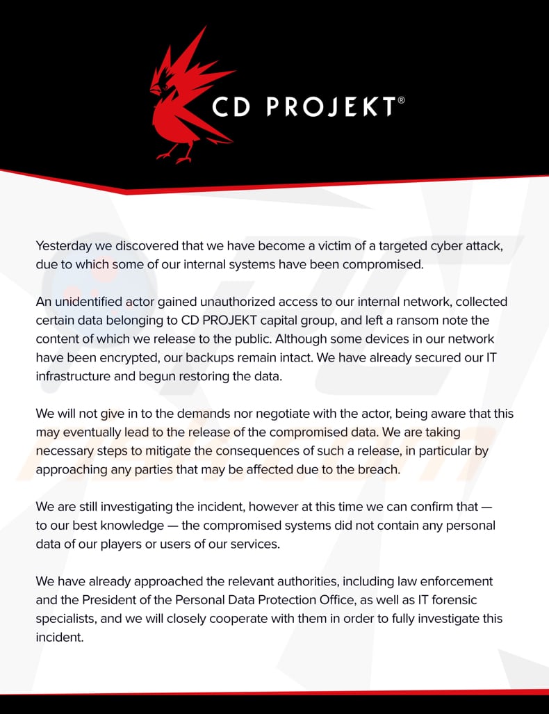 Anuncio de ransomware HelloKitty de CD Project