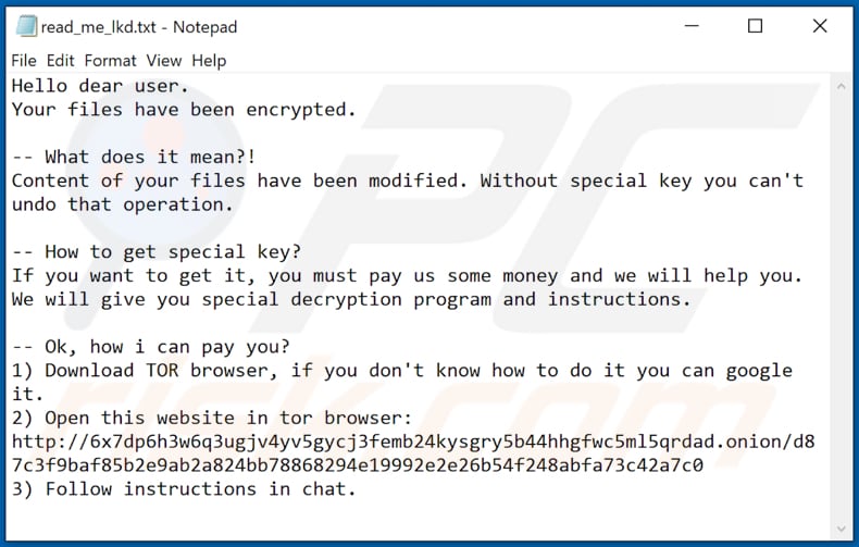 Nota de rescate del ransomware HelloKitty para otra víctima