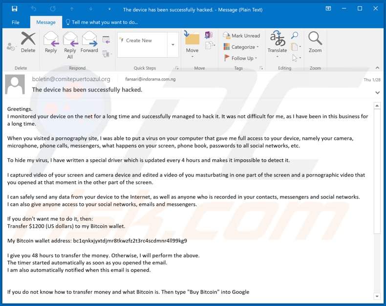 Campaña de spam del email estafa 