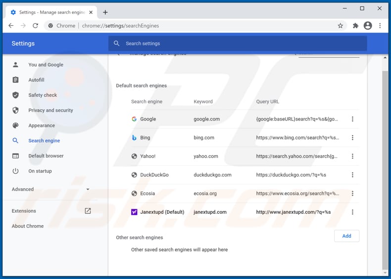 Eliminando janextupd.com del motor de búsqueda predeterminado de Google Chrome