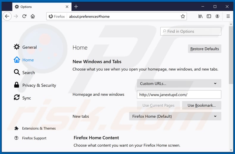 Eliminando janextupd.com de la página de inicio de Mozilla Firefox