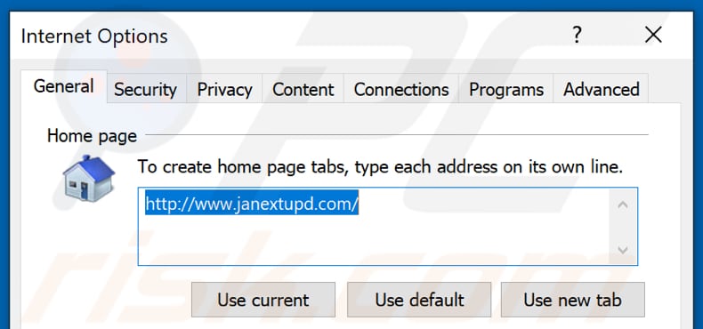 Eliminando janextupd.com de la página de inicio de Internet Explorer