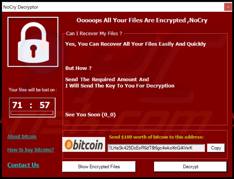 Nota de rescate del ransomware NoCry (ventana emergente)