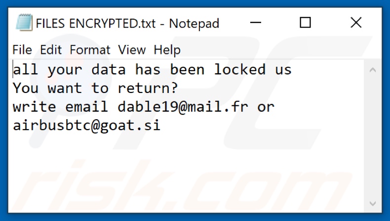 Archivo de texto del ransomware OVO (FILES ENCRYPTED.txt)