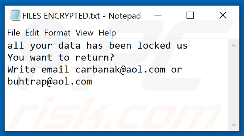 Archivo de texto del ransomware Pauq (FILES ENCRYPTED.txt)