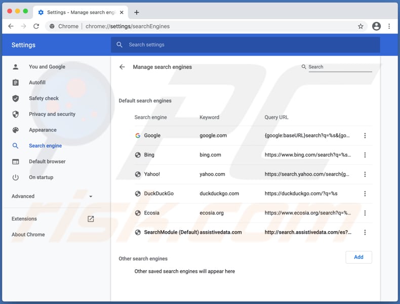 Secuestrador de navegador search.assistivedata.com en una computadora Mac