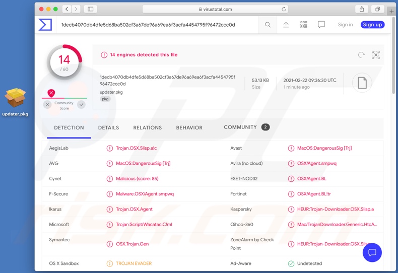 Detecciones en VirusTotal de un instalador que contiene una variante del malware 