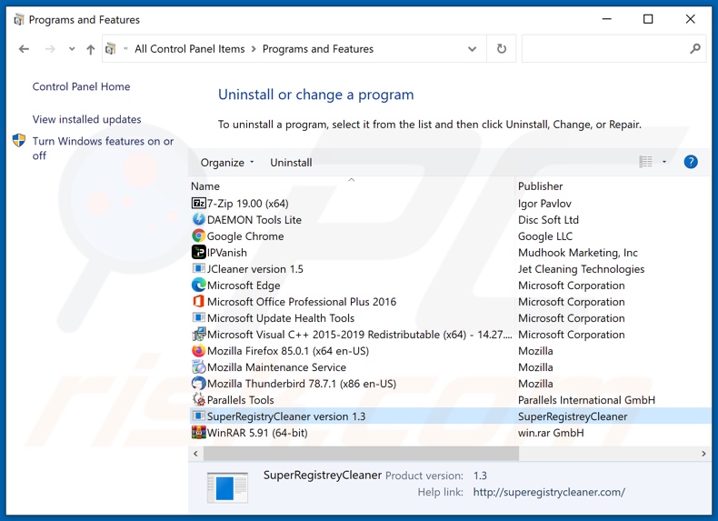 Desinstalar el adware SuperRegistryCleaner a través del Panel de Control