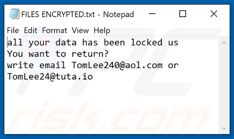 Archivo de texto del ransomware TomLe (FILES ENCRYPTED.txt)
