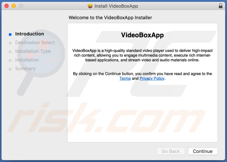 Instalador engañoso utilizado para promocionar el adware VideoBoxApp