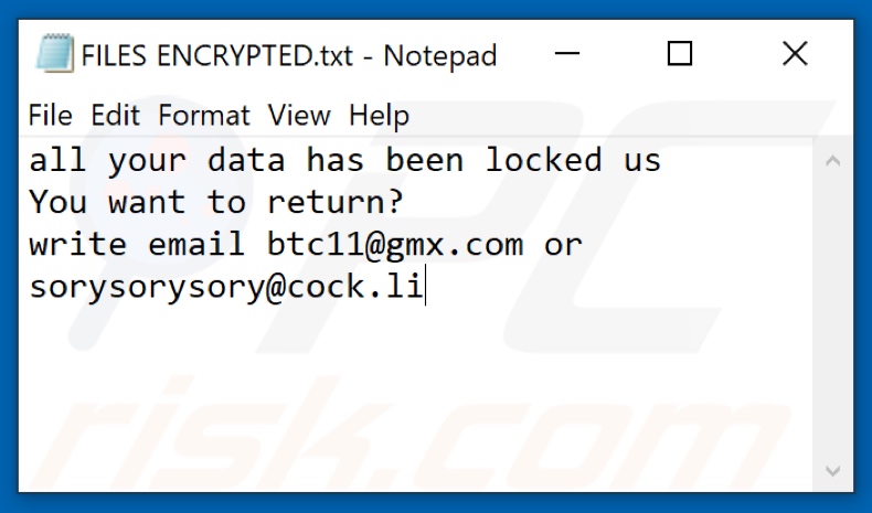 Archivo de texto del ransomware Wcg (FILES ENCRYPTED.txt)
