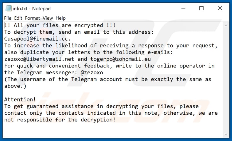 Archivo de texto del ransomware Acuna (info.txt)