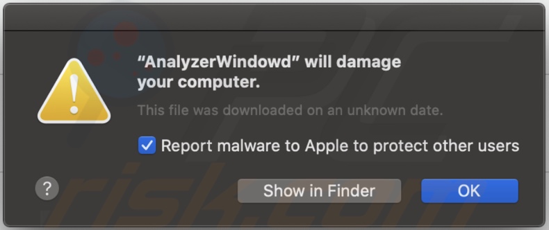 Ventana emergente que se muestra cuando el adware AnalyzerWindow está presente