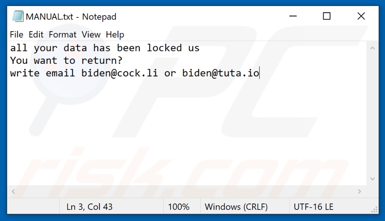 Archivo de texto del ransomware Biden (MANUAL.txt)