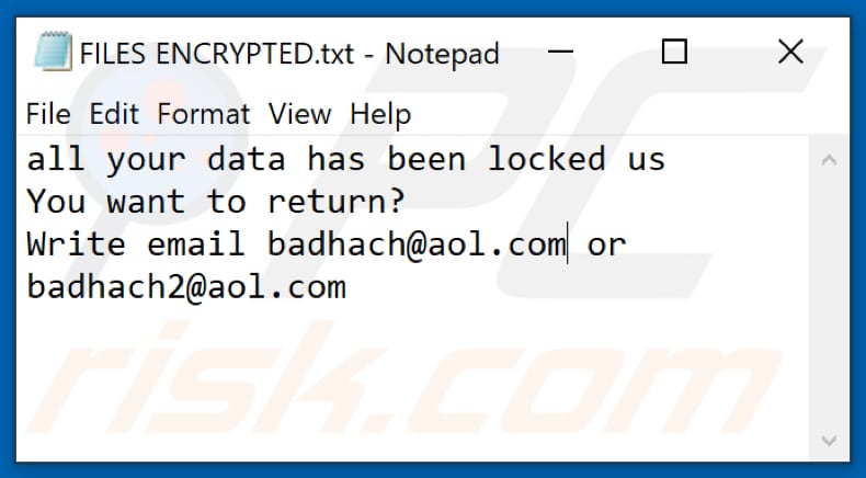 Archivo de texto del ransomware Bqd2 (FILES ENCRYPTED.txt)