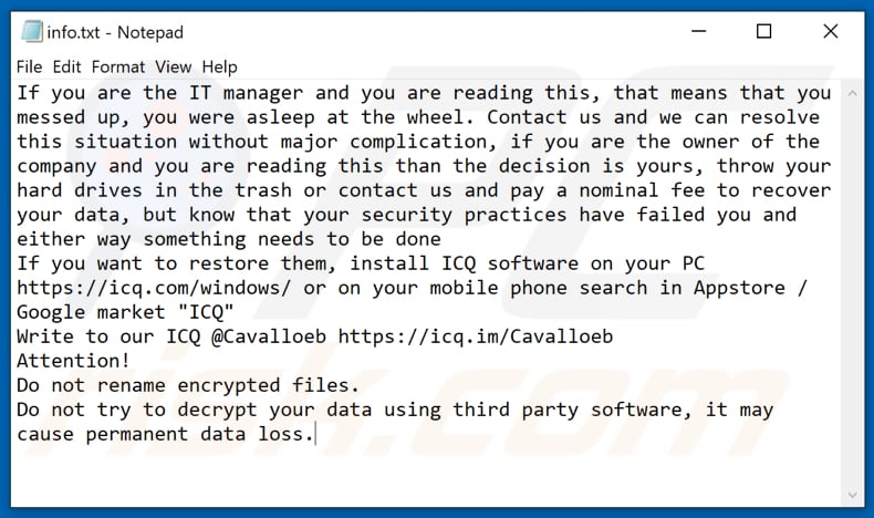 Archivo de texto del ransomware CAVALLOZIPULYA (info.txt)