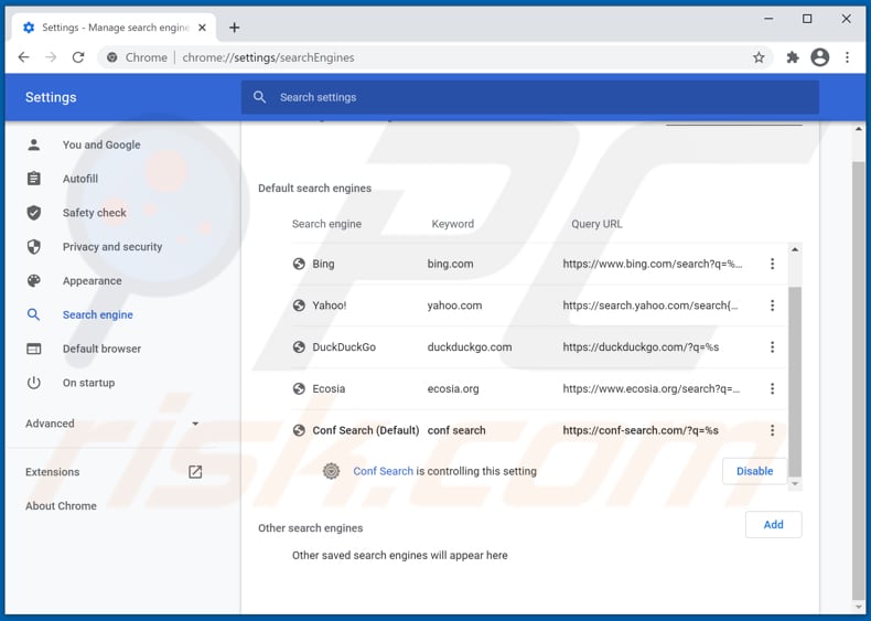 Eliminando conf-search.com del motor de búsqueda predeterminado de Google Chrome