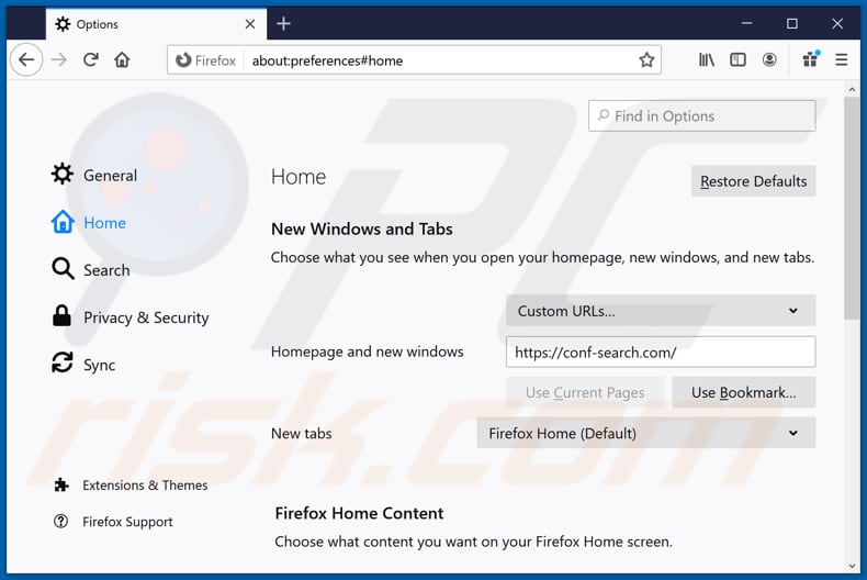 Eliminando conf-search.com de la página de inicio de Mozilla Firefox