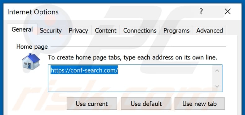 Eliminando conf-search.com de la página de inicio de Internet Explorer