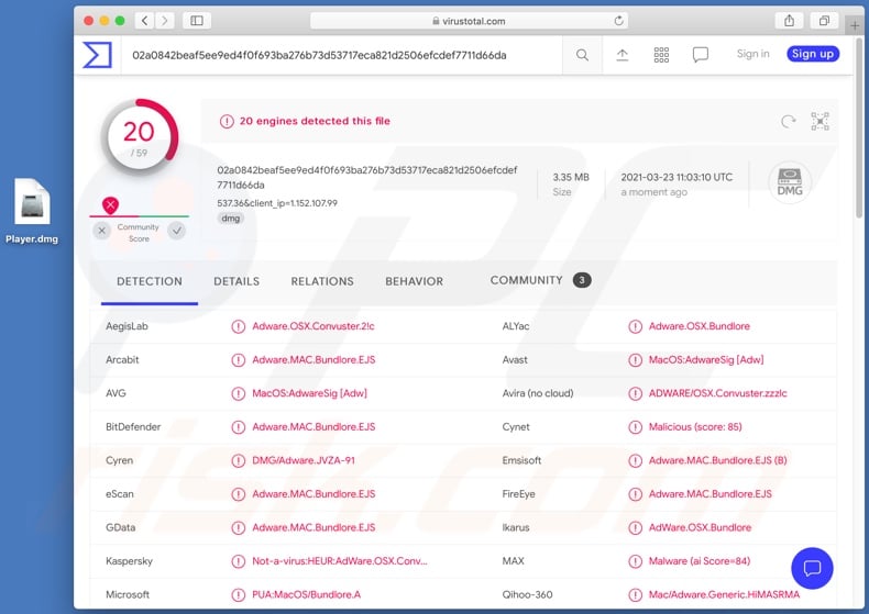 Detecciones de adware Convuster en VirusTotal