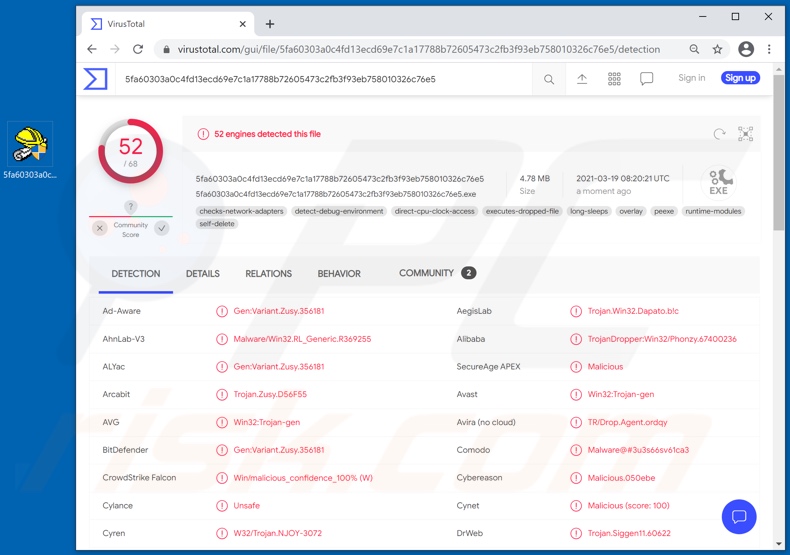 Detecciones del malware CopperStealer en VirusTotal