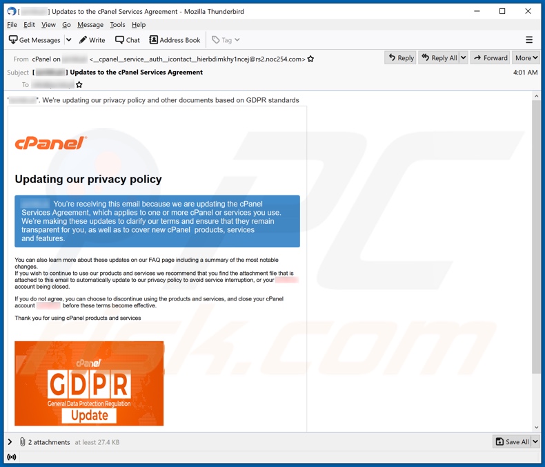 Variante del email fraudulento de cPanel