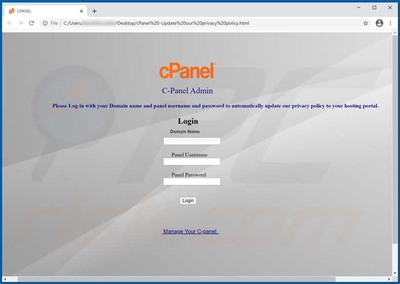 cPanel adjunto de phishing fraudulento por email