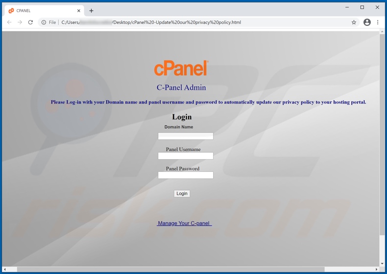 cPanel adjunto de phishing fraudulento por email