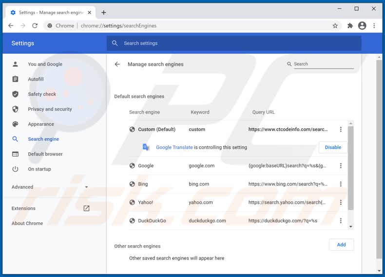 Eliminando ctcodeinfo.com del motor de búsqueda predeterminado de Google Chrome