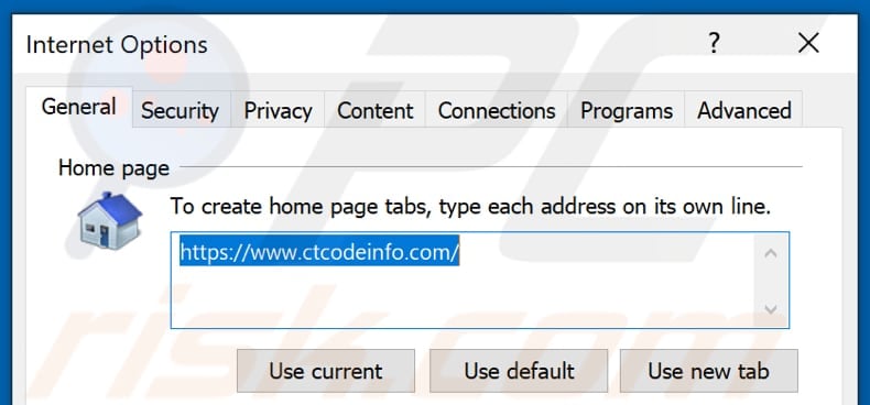 Eliminando ctcodeinfo.com de la página de inicio de Internet Explorer
