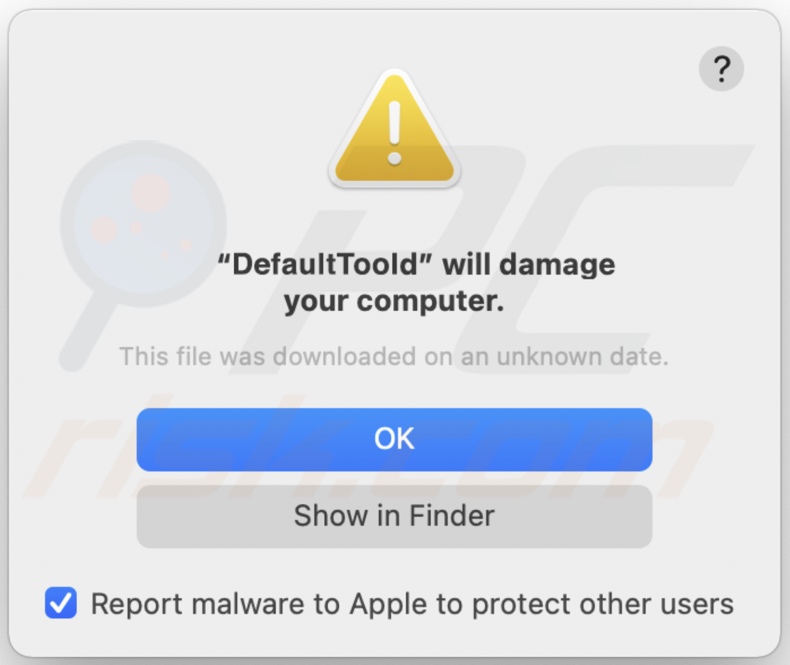 Ventana emergente que se muestra cuando se instala el adware DefaultTool