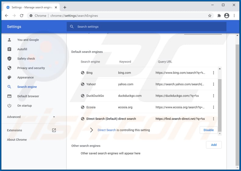 Eliminando search-direct.net del motor de búsqueda predeterminado de Google Chrome