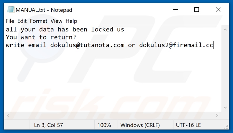Archivo de texto del ransomware Duk (MANUAL.txt)